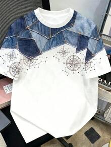 Manfinity Joysei Áo thun nam tay ngắn phối màu xanh dương và trắng tương phản, chất liệu giả denim với họa tiết la bàn, kết hợp giữa vẻ mạnh mẽ và tính nghệ thuật để tái tạo phong cách đường phố thường ngày, phù hợp với nam giới trẻ sành điệu và các cặp đôi theo đuổi sự thể hiện cá tính và yêu thích văn hóa thời trang đường phố. - trắng - Xem 2