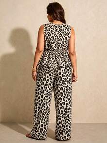 Elaquor Plus Size Casual Vacation Leopard Print Sleeveless A-Line Ruffle Blouse And Straight Leg Pants 2-Piece Set, Summer Outfit - Multicolor - View 4