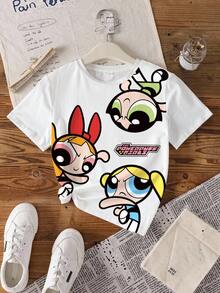 THE POWERPUFF GIRLS X SHEIN Áo thun ngắn tay in hình hoạt hình dành cho bé gái tuổi teen - trắng - Xem 3