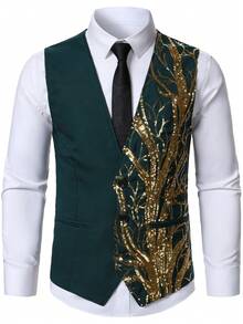 Calvornis Men's Party Banquet Patchwork Sequin Botanical Pattern Performance Dinner Waistcoat - Green - View 4