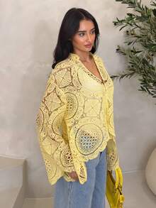 SHEIN Glamour 纯色镂空不对称下摆休闲长袖衬衫 - 黃色 - 查看 4