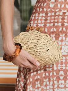 SHECARRY Bolso de mano de verano de mujer tejido a mano con concha y ratán en color beige, con una forma llamativa, ligero y versátil, adecuado para vacaciones, playa y estilo bohemio - Beis - Ver 7