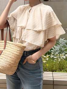 FRIFUL Women's Polka Dot Short Sleeve Layered Ruffle Casual Versatile Blouse, Summer - Beige - View 1