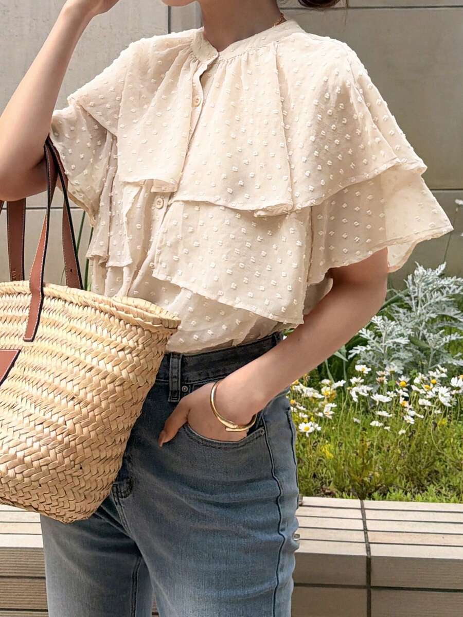 FRIFUL Women's Polka Dot Short Sleeve Layered Ruffle Casual Versatile Blouse, Summer - Beige - View 1