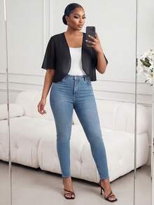 SHEIN Lady CURVE Chaqueta de gasa negra de manga corta, informal, holgada y transpirable para uso diario, con protección solar, para mujeres de talla grande, para primavera y verano - Negro - Ver 3