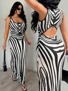 SHEIN SXY Elegant Plus Size White Long Zebra Pattern Bodycon Dress With Open Back Detail Vacation Summer Party - Black and White - View 9