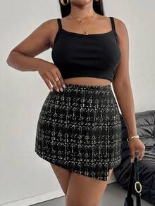 SHEIN PETITE CURVE CURVE 大尺碼女款黑白格紋 A 字迷你裙，高腰小個子休閒裙，優雅辦公正式穿著，秋季度假 - 黑色 - 查看 8
