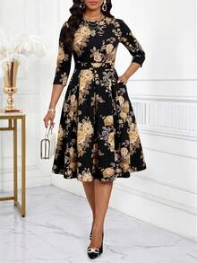 SHEIN Lady Đầm nữ thanh lịch, họa tiết hoa, dáng dài ngang gối, màu đen, thích hợp cho công sở. - màu đen - Xem 5