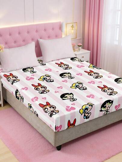 THE POWERPUFF GIRLS X SHEIN 1Pc Striped Cute Cartoon Printed Single Bed Hat, Sanded Material, Soft And Warm, Multiple Sizes, Suitable For Single Bed/Double Bed/Queen Bed/King Bed, Machine Washable