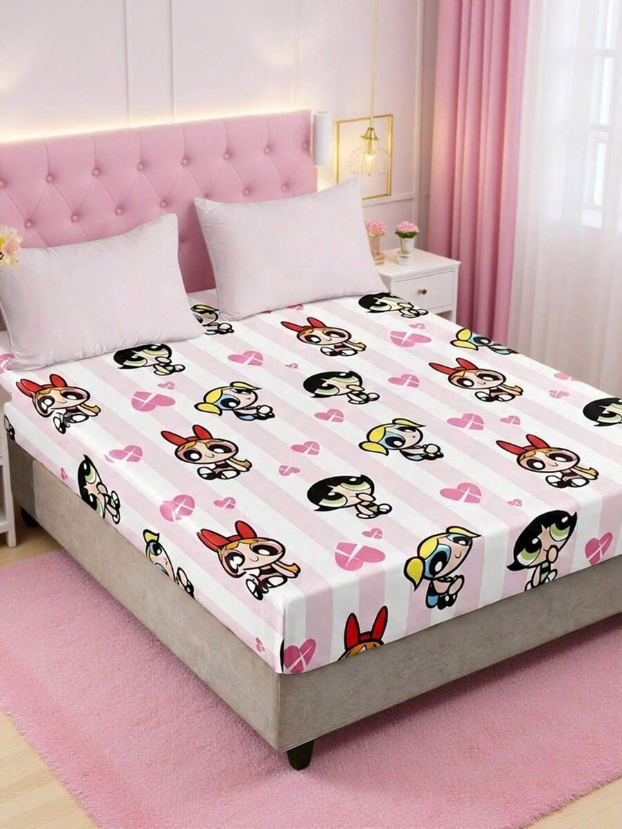 THE POWERPUFF GIRLS X SHEIN 1件条纹可爱卡通印花单人床帽,磨砂材质,柔软保暖,多种尺寸可选,适用于单人床/双人床/大号床/特大号床,可机洗 - 彩色 - 查看 1