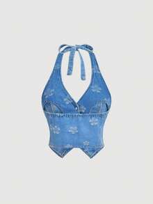 Sweetra Bộ đồ denim thường ngày dành cho nữ, gồm áo hai dây buộc cổ, in họa tiết hoa, cài cúc đơn và chân váy ngắn. - Màu xanh lam - Xem 7
