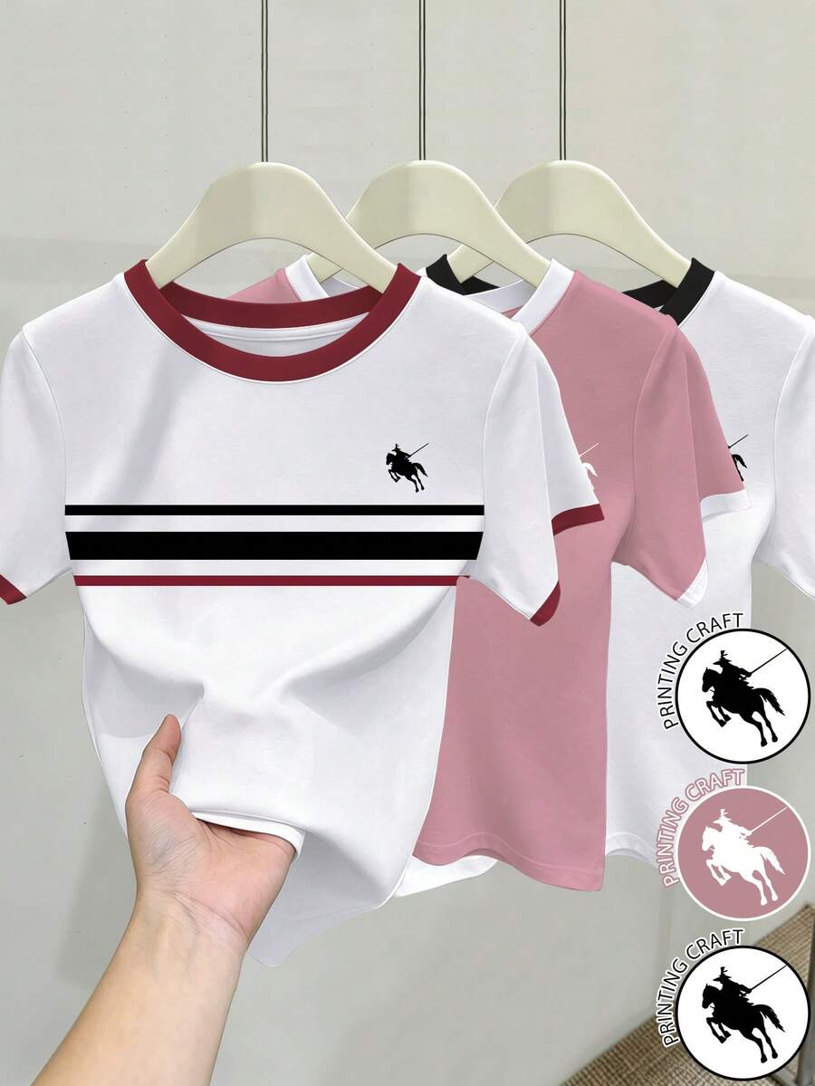 Resyla Women's Color Block Striped Print Embroidered Round Neck Short Sleeve T-Shirt - Multicolor - View 1