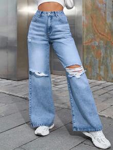 SHEIN EZwear 大码女式休闲破洞牛仔裤 - 中等水洗藍 - 查看 1