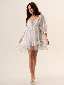Willow Rêve Women's White And Blue Floral Chiffon Asymmetrical Double Ruffle Hem Dress, Holiday/Travel Style, Tea Party Vacation Garden Picnic, Boho Casual - Baby Blue - View 3