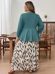 SHEIN CURVE+ Elegantes 2 Stücke Set in Große Größen bestehend aus einfarbiger Jacke und Kleid mit Blume Muster für den Büroalltag - Verschiedenfarbig - Übersicht 2
