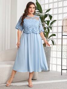 Reflora Plus Size Elegant Party Solid Color Hollow-Out Patchwork Dress - Blue - View 5
