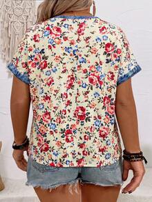 EMERY ROSE Women's Spring/Summer New Arrival Floral Print Patchwork Faux Denim Print Casual Versatile Plus Size T-Shirt - Multicolor - View 2