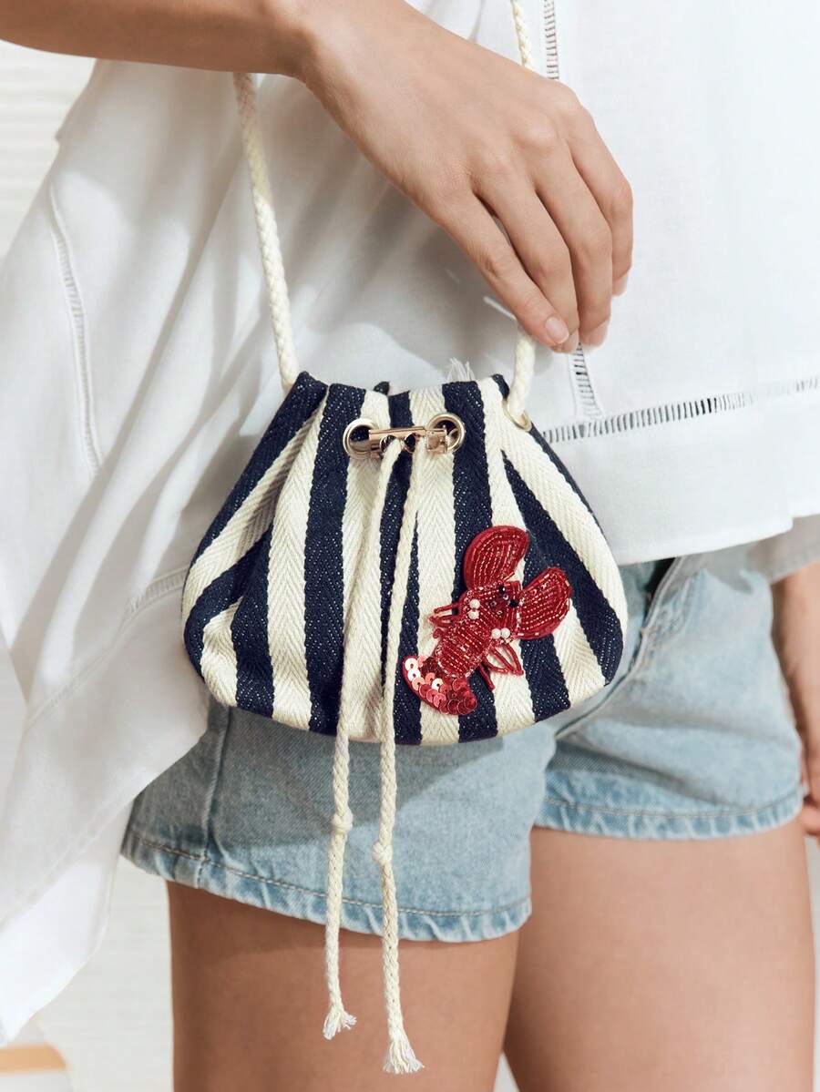 SHECARRY Ladies Fashion Personalized Spring And Summer Blue And White Striped Beaded Sequins Lobster Decorative Drawstring Bucket Bag, Crossbody Bag, Top Handle Bag, Nautical Style, Light And Casual, Suitable For Summer Vacation, Seaside Beach And Daily Use - Blue - View 1