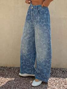 DAZY Cotton Vintage Star Pattern Textured Loose Straight Leg Washed White Baggy Women Jeans - Blue - View 6