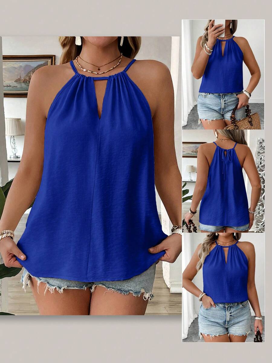 EMERY ROSE Plus Size Fashionable Apricot Spaghetti Strap Casual Loose Slimming Camisole With Sexy Shoulder Strap Design, Elegant For Women - Royal Blue - View 1