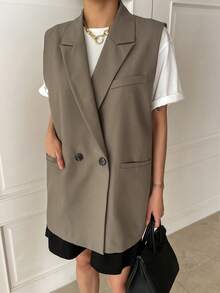 DAZY Women's Solid Color Lapel Double-Breasted Casual Sleeveless Business Blazer,Fall Clothes - Khaki - View 4