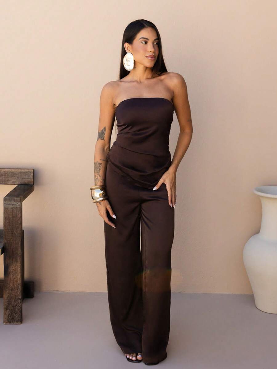 Maju Mazalli 1 Set Solid Color Asymmetric Hem Sleeveless Crop Top And Wide Leg Pants Summer - Coffee Brown - View 1