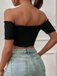 SHEIN Holidaya Women's Solid Color Off-Shoulder Ruched Fitted Casual T-Shirt - Black - View 2