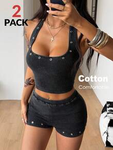 Coolane 女士夏季街头风性感时尚Y2K罗纹针织弹力孔眼水洗黑色修身低腰短裤吊带背心 - 黑色 - 查看 4