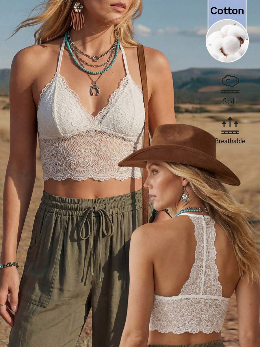 Wildy Trang phục phong cách BOHO miền Tây giản dị, ren, thích hợp cho lễ hội âm nhạc, áo hai dây không tay cổ yếm cơ bản mùa hè dành cho nữ, phù hợp mặc hàng ngày và đi làm. - trắng - Xem 1