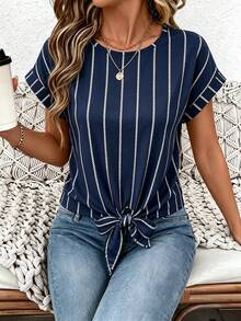 SHEIN LUNE Áo nữ mùa hè in họa tiết: Áo thun buộc dây phía trước dễ thương, phù hợp cho những buổi đi chơi thường ngày, áo khoác ngoài casual dành cho nữ. - Nhiều màu - Xem 3