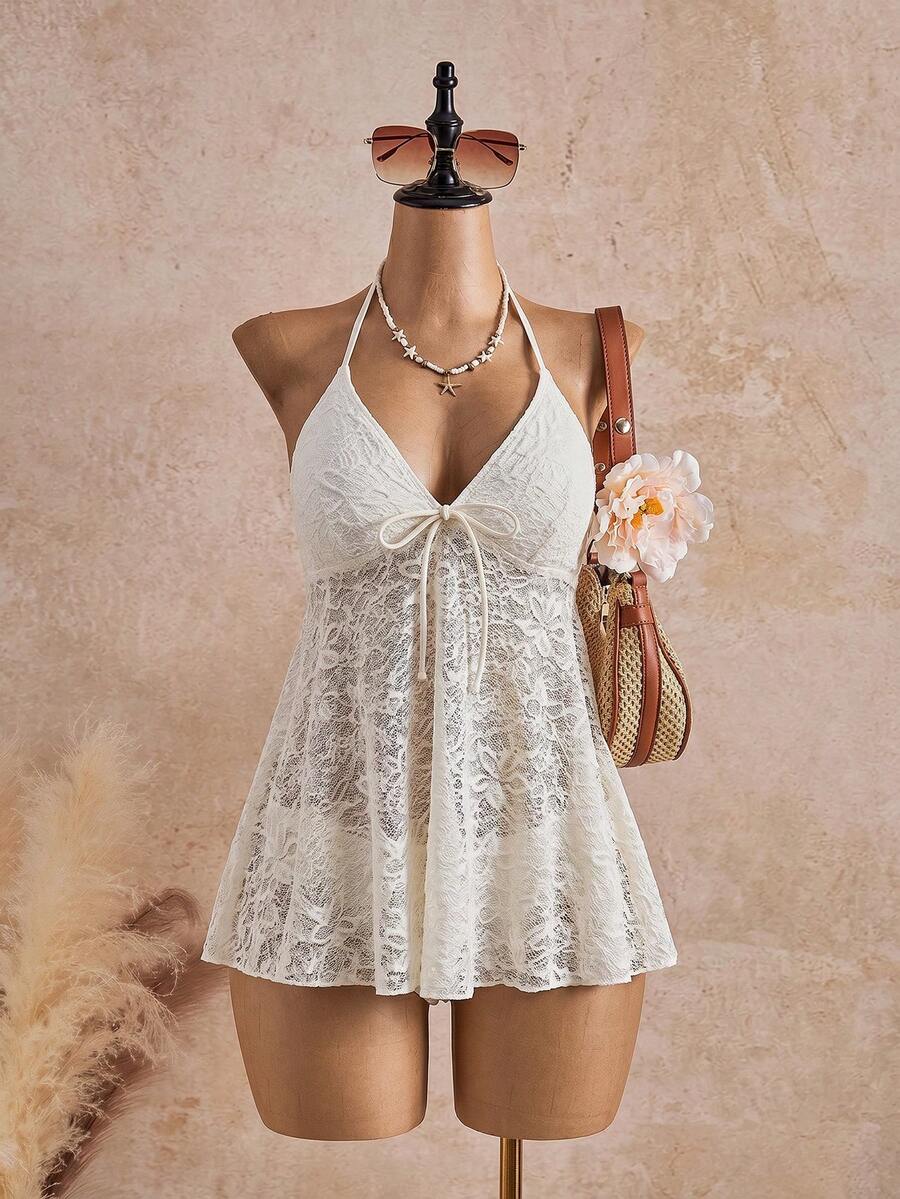 Bellisia Áo tắm nữ đi biển màu trơn, ren, hở lưng, cổ yếm, kèm quần bikini tam giác. - Màu be - Xem 1