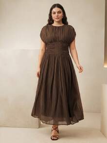 Anewsta Vestido elegante y moderno con textura y pliegues en la cintura para mujeres de talla grande - Café integral - Ver 6
