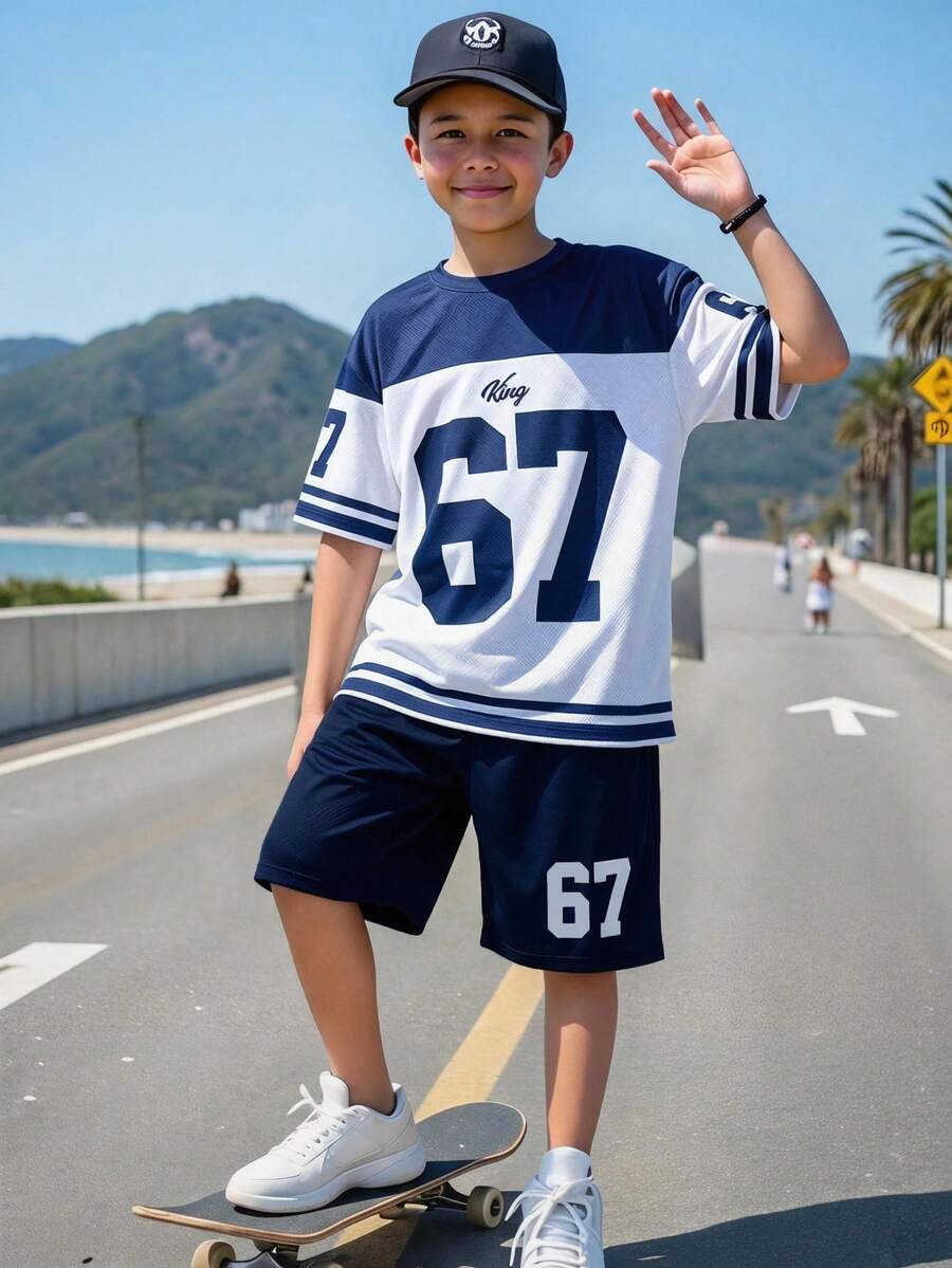 2件套青少年男童休闲简约字母印花短袖圆领套装，适合夏季穿着