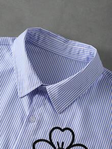 PAVTROS Men's Letter & Striped Print Front Button Casual Short Sleeve Shirt - Blue - View 5