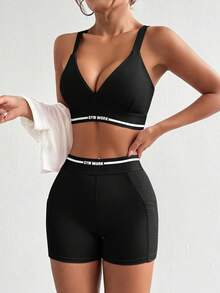 BamGleam Women Round Neck Short Sleeve Letter Printed Top + Spaghetti Strap Crisscross Back Striped Patchwork Bra And Shorts, 3pcs Slim Fit Casual Sports Set Workout Women Setwomen Workout Set Gym Women Outfit - Black and White - View 3