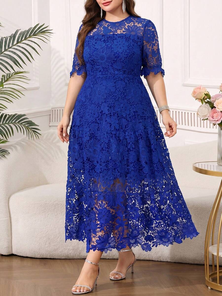 SHEIN Clasi Lanser加大码水溶性刺绣花瓣袖收腰连衣裙 - 藍色 - 查看 1