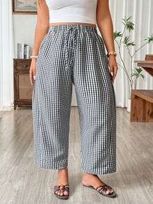 Weeklong Plus Size Women Elegant Plaid Drawstring Waist Pocket Long Pants - Multicolor - View 4
