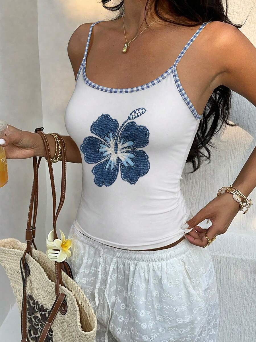 INAWLY 白色與藍色花卉夏季Y2K度假休閒背心上衣,藍色牛仔效果印花,格子飾邊,海灘穿搭,母親節禮物 - 白色 - 查看 1
