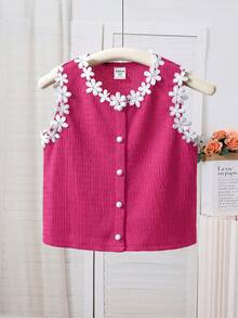 SHEIN Young Girl Knitted Solid Color Patchwork Contrast Color Floral Ribbon Casual Vest - Hot Pink - View 5