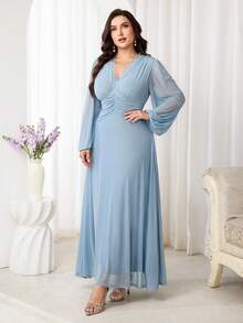 Modelyn Plus Size Women Contrast Lace V-Neck Lantern Sleeve Elegant Dress - Mint Blue - View 6