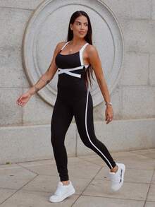 Maju Mazalli Women's Black And White Knitted Jumpsuit With Spaghetti Straps Backless Long Colorblock Design Sports - Black and White - View 1