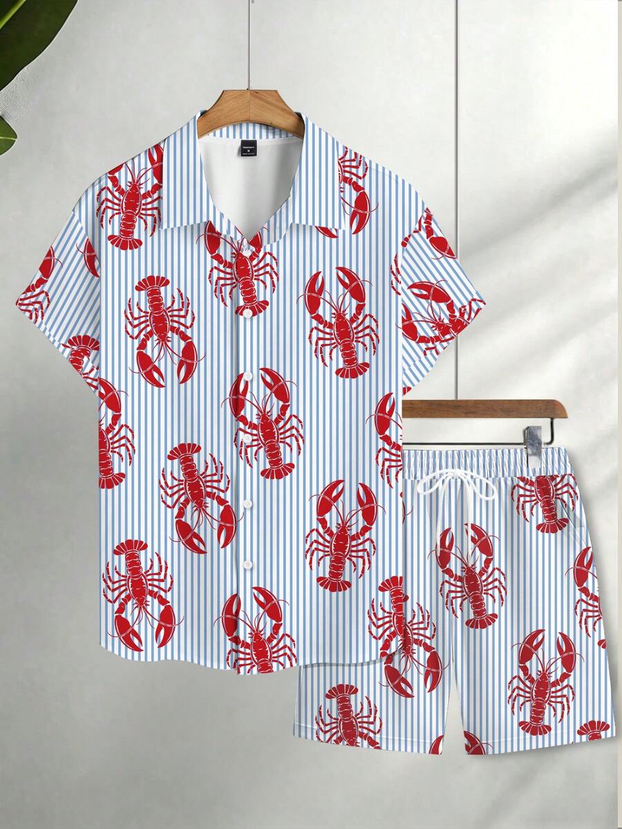 NEOREFINED Bộ đồ nam 2 mảnh gồm áo sơ mi ngắn tay và quần short in hình tôm hùm đỏ kẻ sọc xanh trắng, trang phục thường ngày thoải mái cho kỳ nghỉ hè. - Nhiều màu - Xem 1
