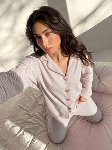 Aloruh Women's Striped Long Sleeve Top And Wide Leg Pants Casual Outfit Loungewear Women Striped Pajamas - Khaki - View 2