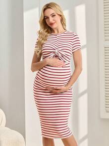 GentleRue Maternity 女士舒适休闲短袖哺乳连衣裙 - 紅色 - 查看 8