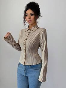 SHEIN Luminelle French Style Slim Fit Blue & White Striped Elegant Commuter Long Sleeve Blouse For Women - Brown - View 9