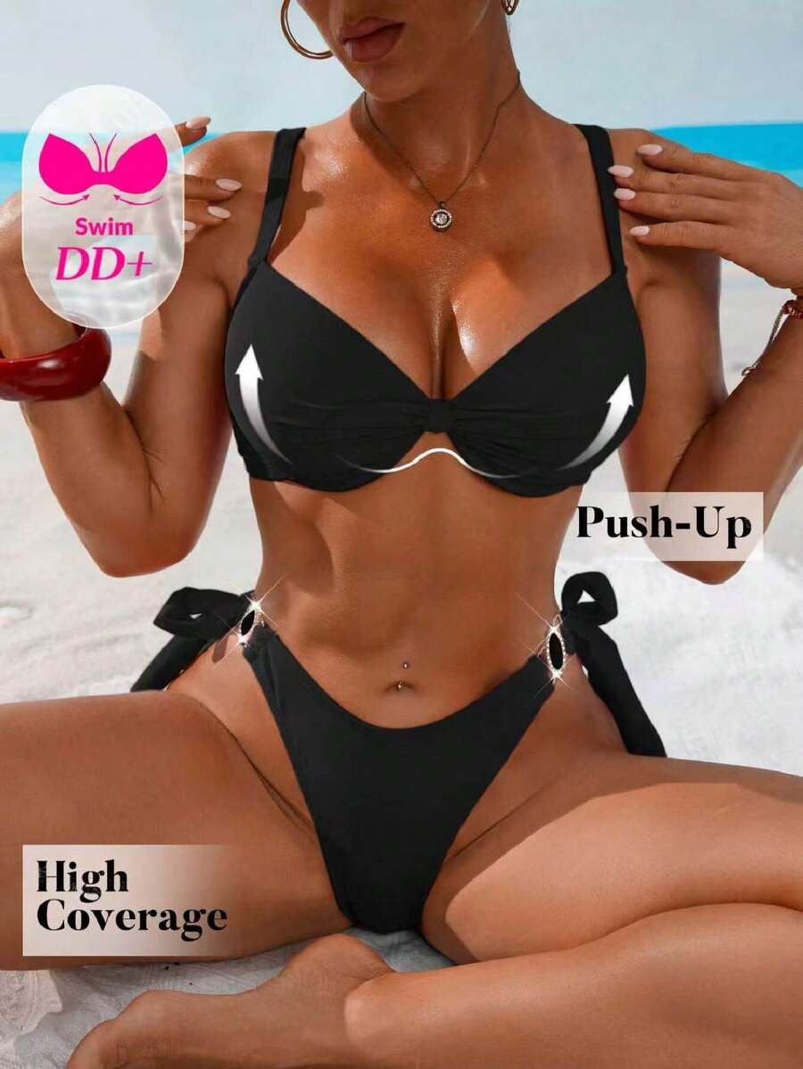 Voyashape 女士夏季沙滩纯色性感比基尼和三角泳裤套装 - 黑色 - 查看 1