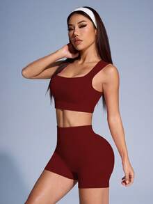 BamGleam Ensemble de soutien-gorge de sport et shorts côtelés de couleur unie pour femmes, tenue de sport - Rouge foncé - Voir 5