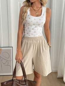 SHEIN LUNE Women's Casual Basic White Polka Dot Summer Holiday Vacation 2 Pieces Set Outfits, Fashion Zip Up Top And Shorts Outfit, Daily Commute Work Golf - Multicolor - View 3