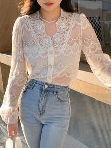 DAZY Button Front Puff Sleeve Lace Blouse Going Out Tops,Fall Women Clothes Long Sleeve Top - Beige - View 6
