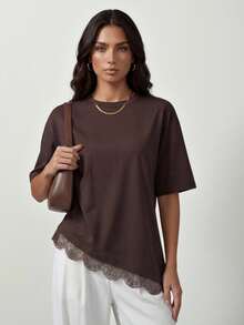 SHEIN Tall Áo thun nữ viền ren mới mùa xuân/hè - màu nâu - Xem 4